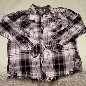 Large Vintage BKE Casual Dress Black, Gray, and White Plaid, Distressed Shirt